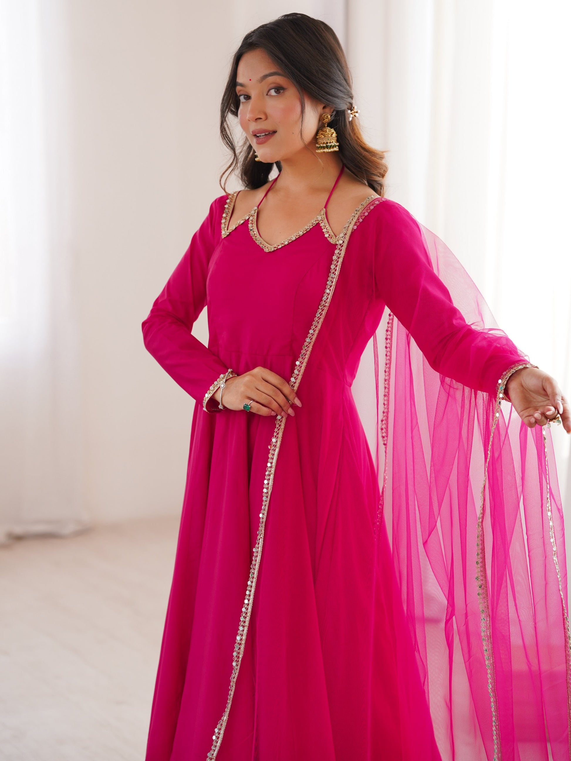 Beautiful Pink Lace Work Georgette Event Wear Gown With Dupatta