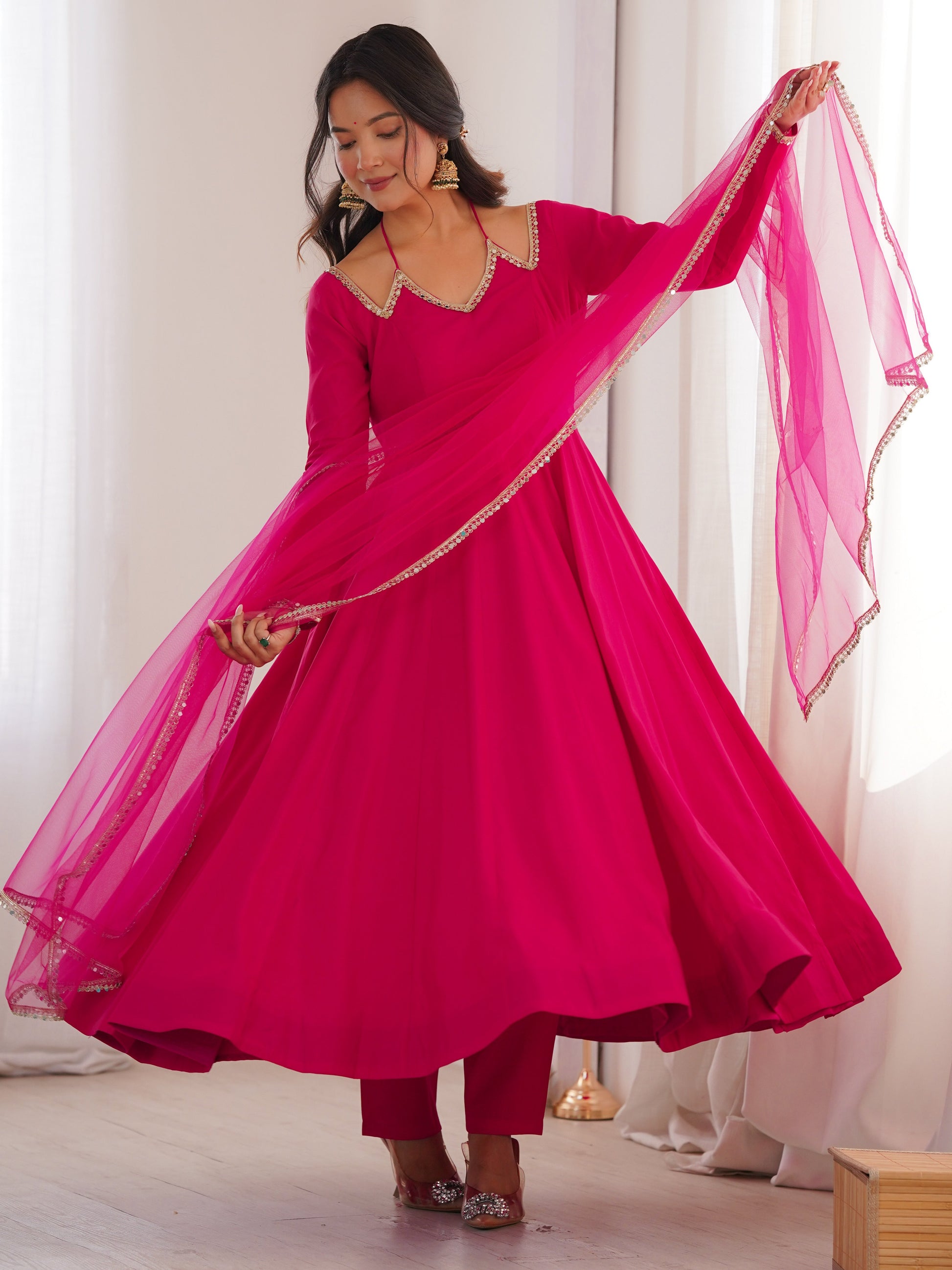 Beautiful Pink Lace Work Georgette Event Wear Gown With Dupatta