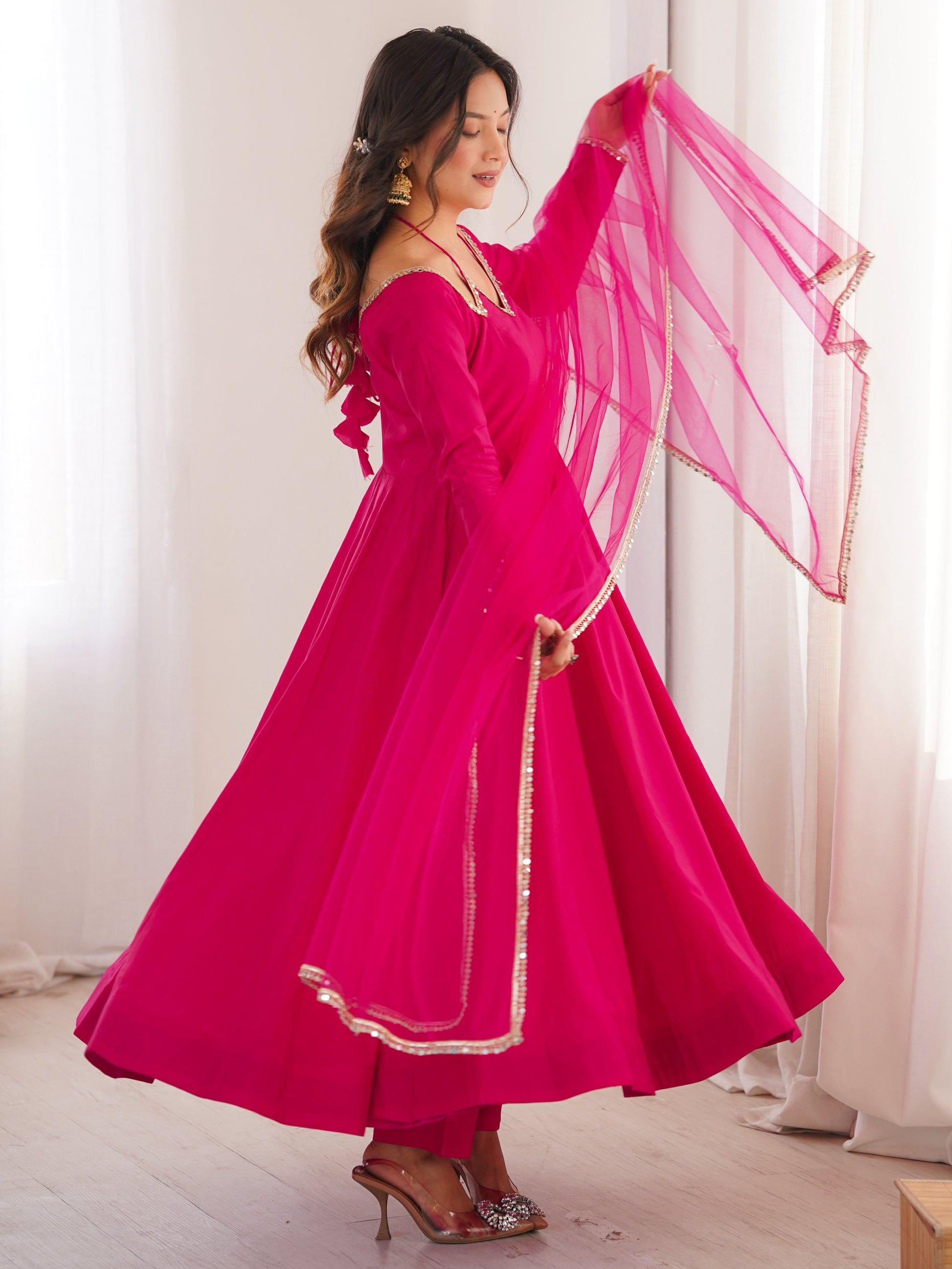 Beautiful Pink Lace Work Georgette Event Wear Gown With Dupatta