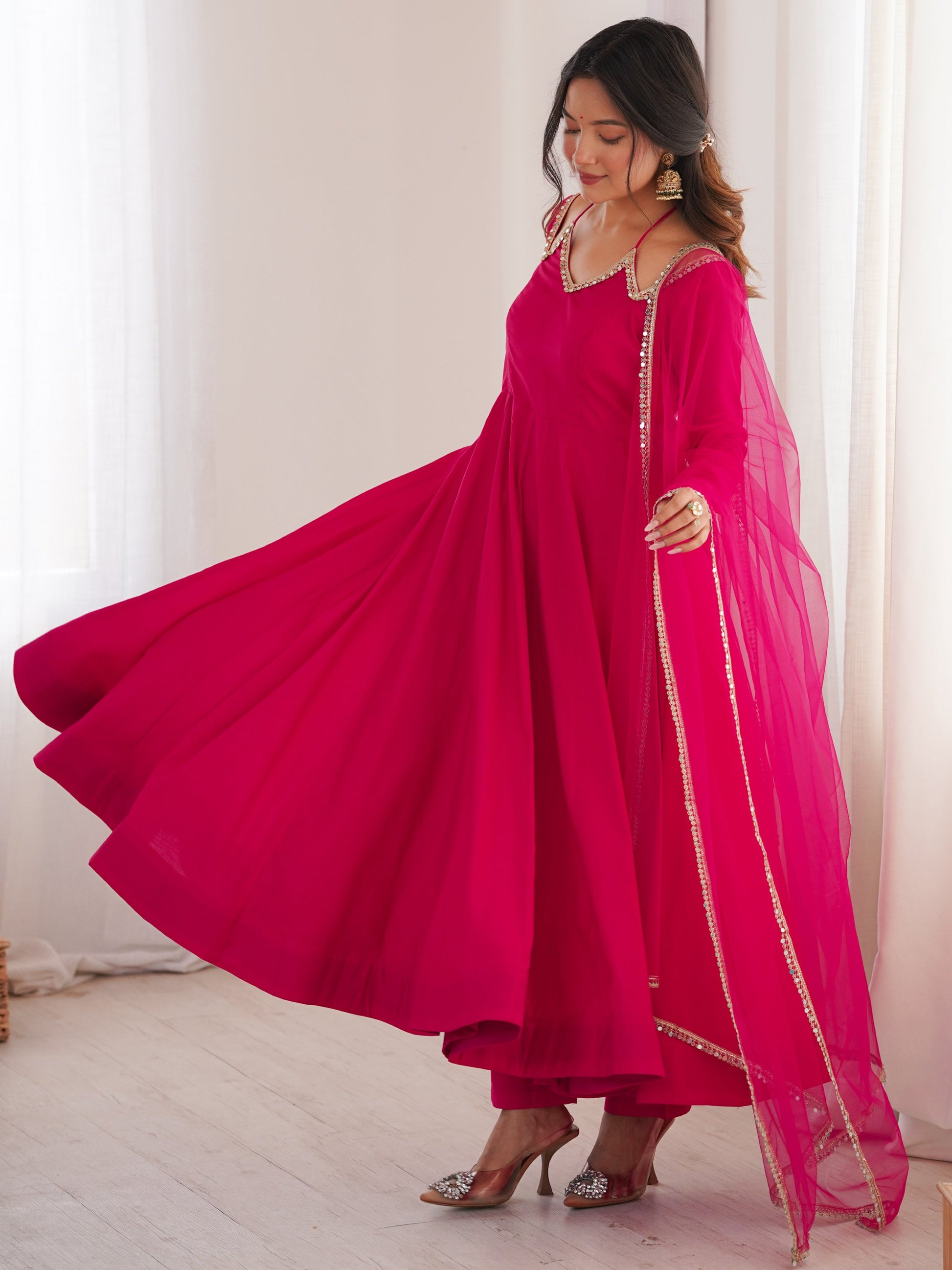 Beautiful Pink Lace Work Georgette Event Wear Gown With Dupatta