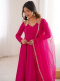 Beautiful Pink Lace Work Georgette Event Wear Gown With Dupatta