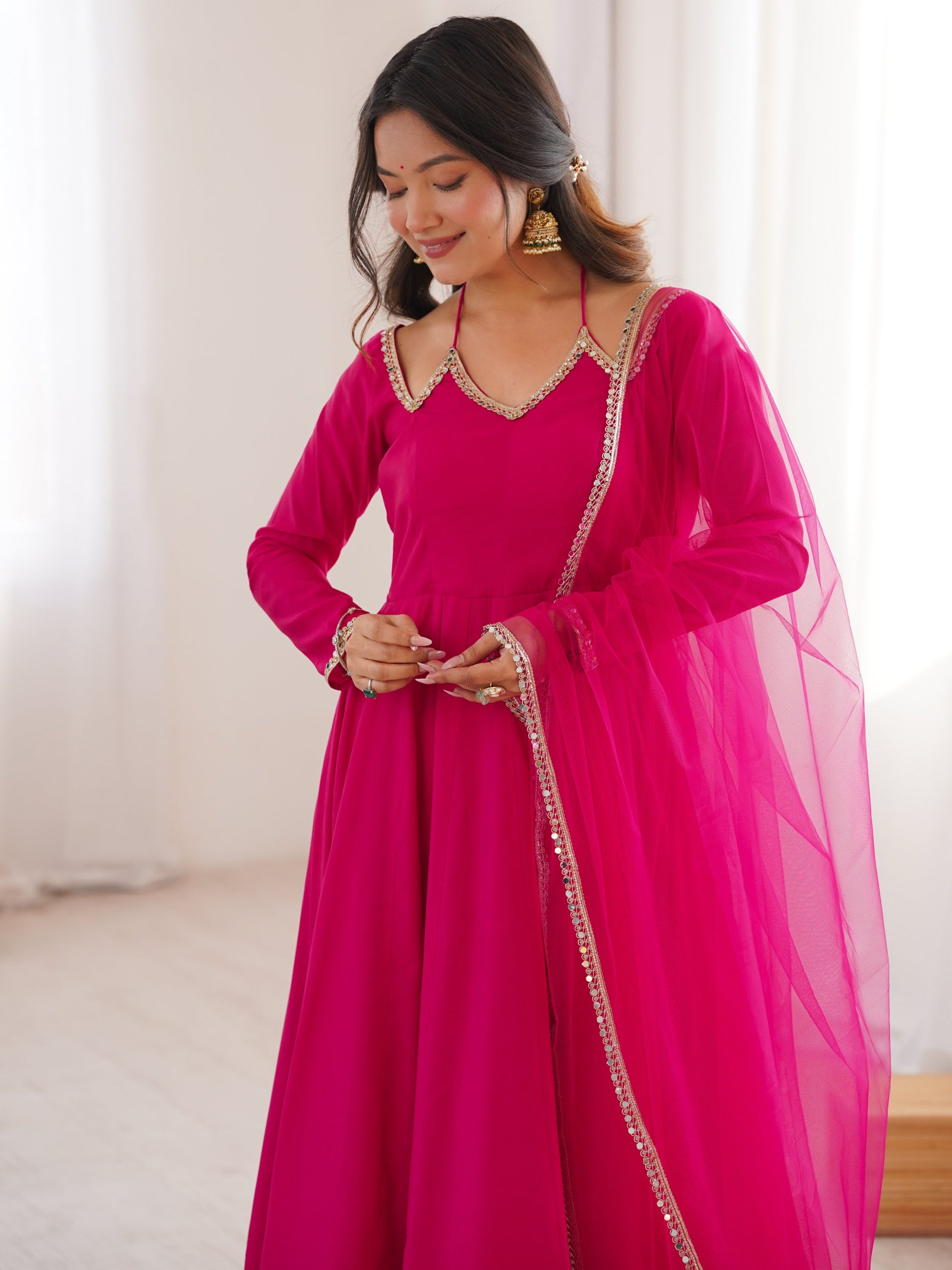 Beautiful Pink Lace Work Georgette Event Wear Gown With Dupatta
