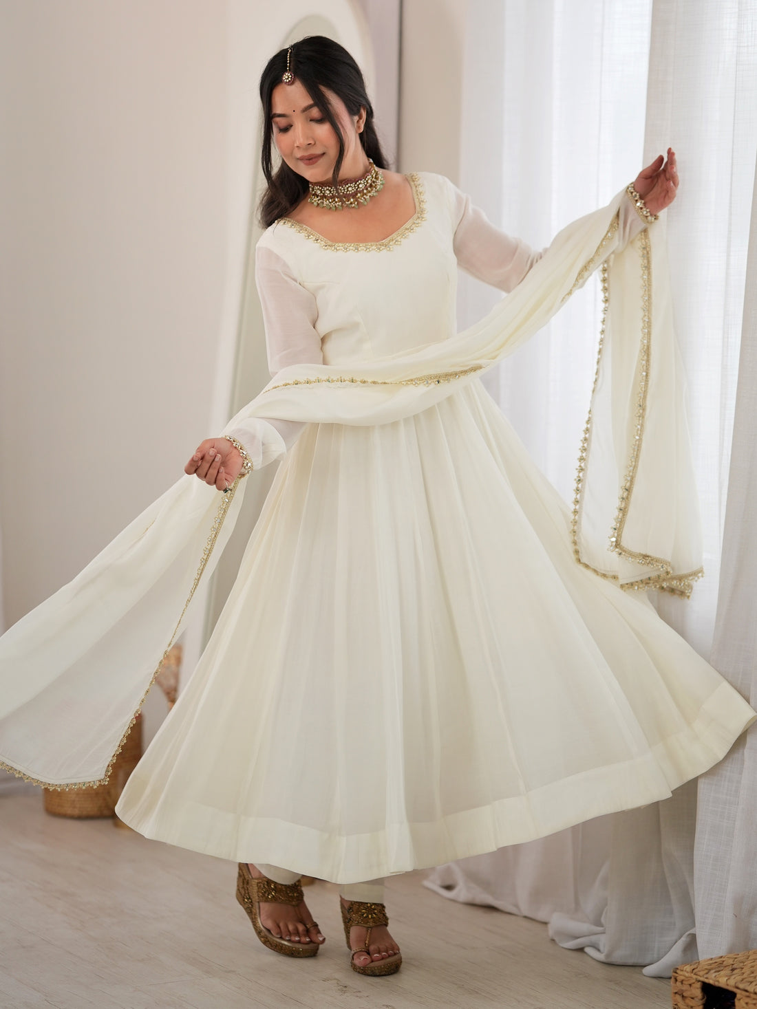 Elegant Off-White Mirror Laced Chanderi Festive Wear Anarkali Gown