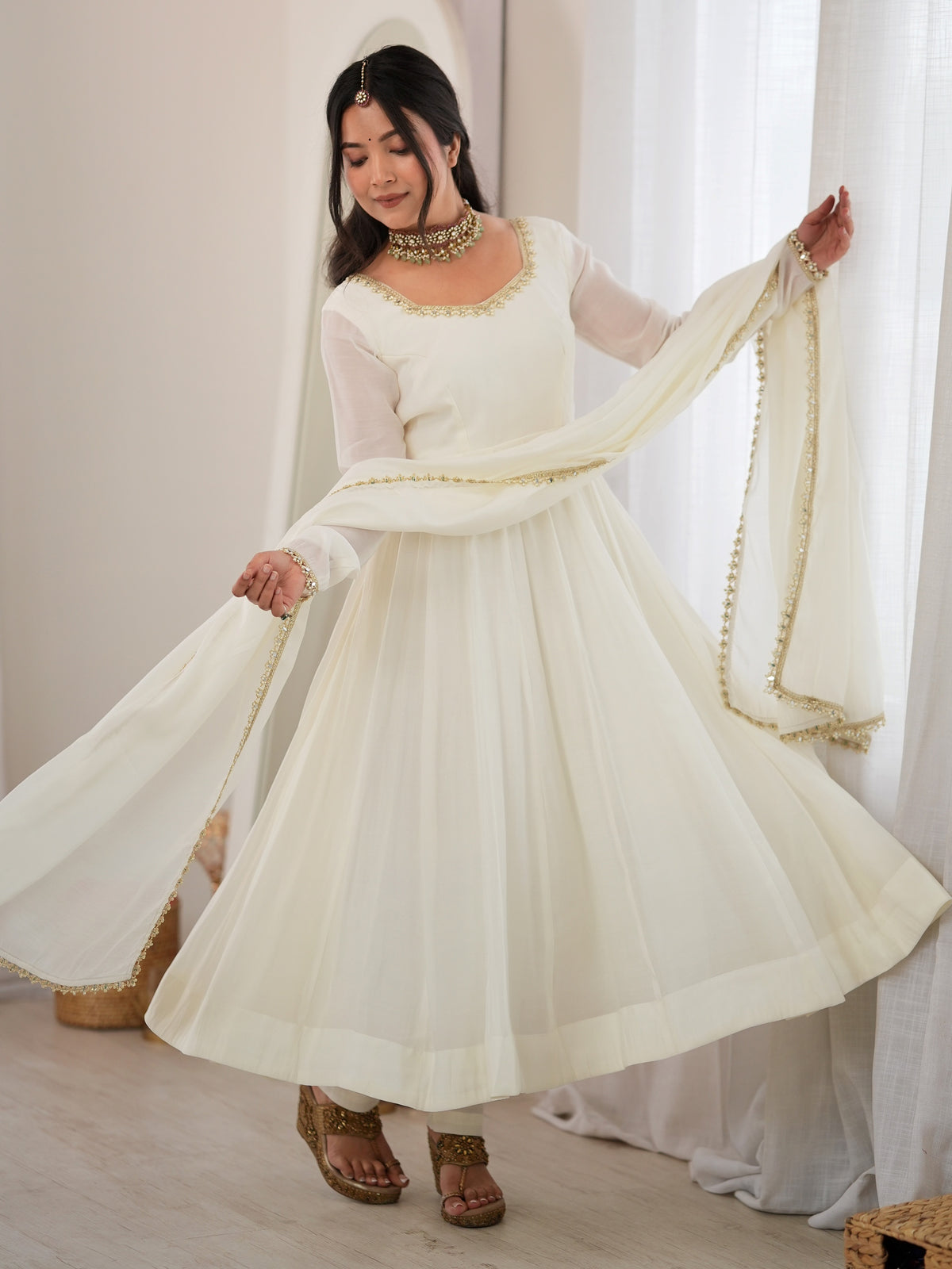 Elegant Off-White Mirror Laced Chanderi Festive Wear Anarkali Gown