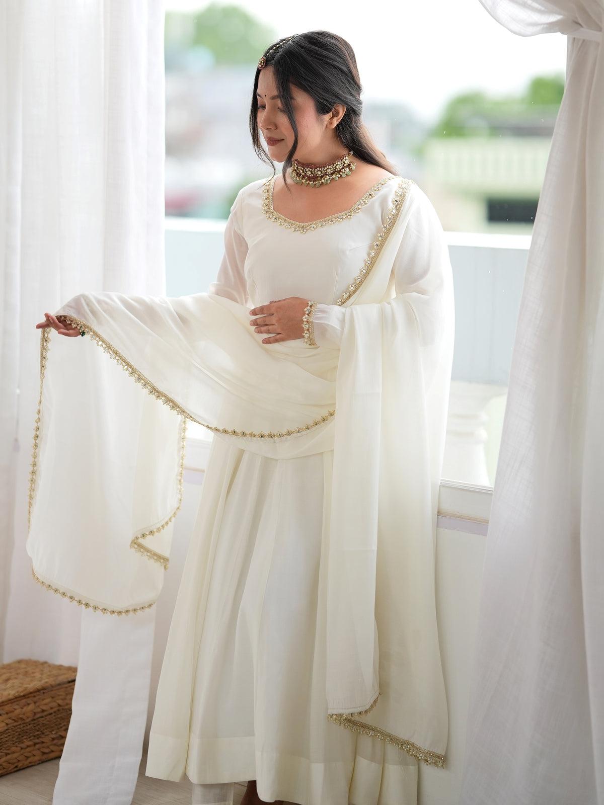 Elegant Off-White Mirror Laced Chanderi Festive Wear Anarkali Gown