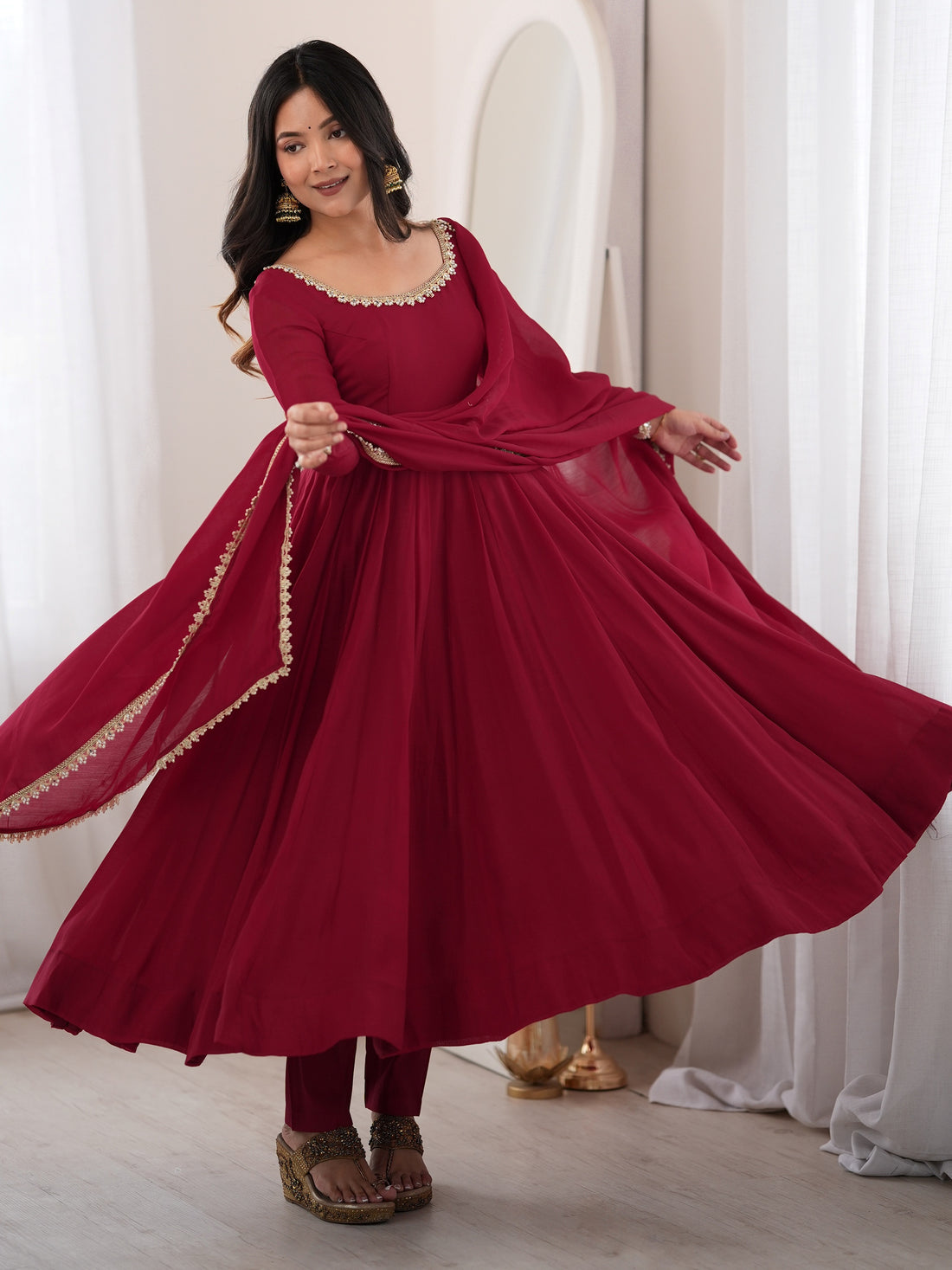 Dazzling Maroon Mirror Laced Chanderi Function Wear Anarkali Gown