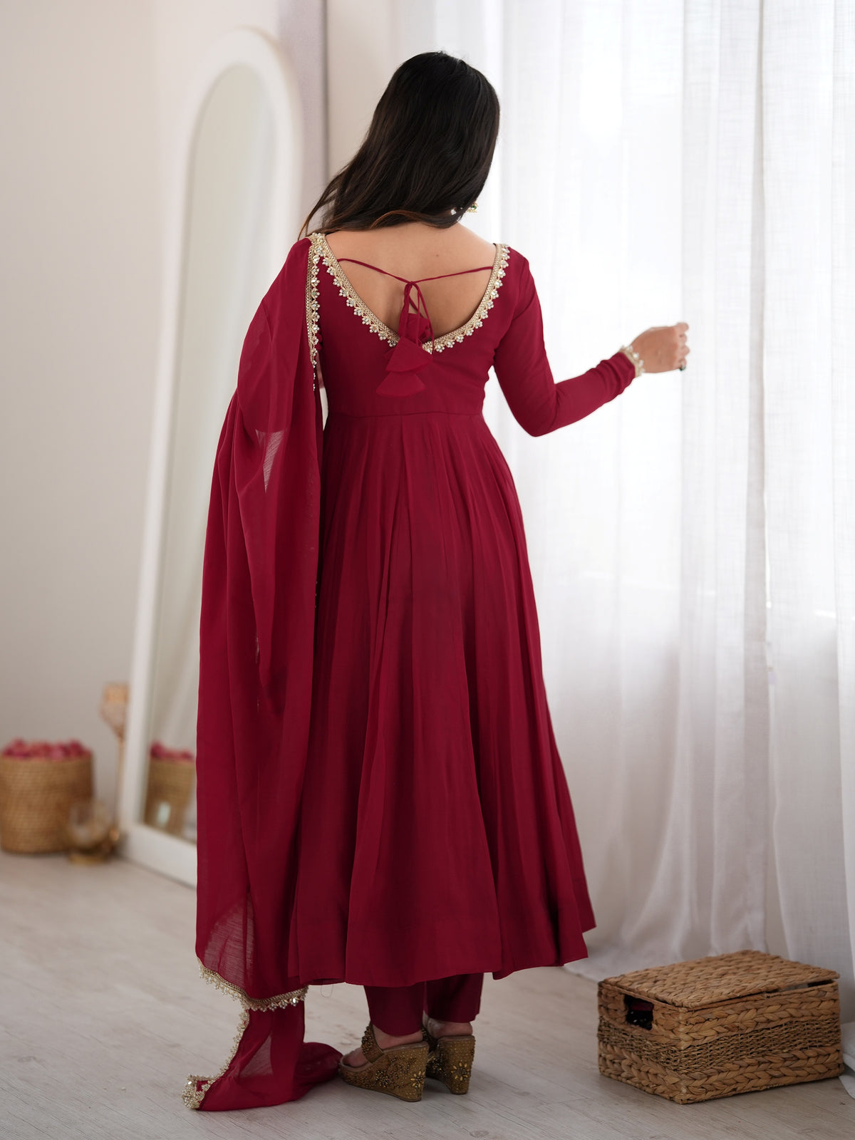 Dazzling Maroon Mirror Laced Chanderi Function Wear Anarkali Gown