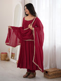 Dazzling Maroon Mirror Laced Chanderi Function Wear Anarkali Gown