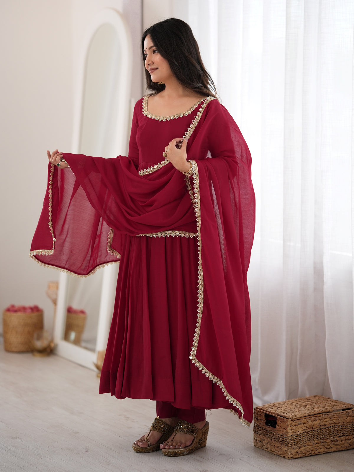 Dazzling Maroon Mirror Laced Chanderi Function Wear Anarkali Gown