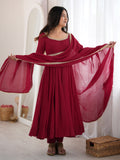 Dazzling Maroon Mirror Laced Chanderi Function Wear Anarkali Gown