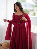 Dazzling Maroon Mirror Laced Chanderi Function Wear Anarkali Gown