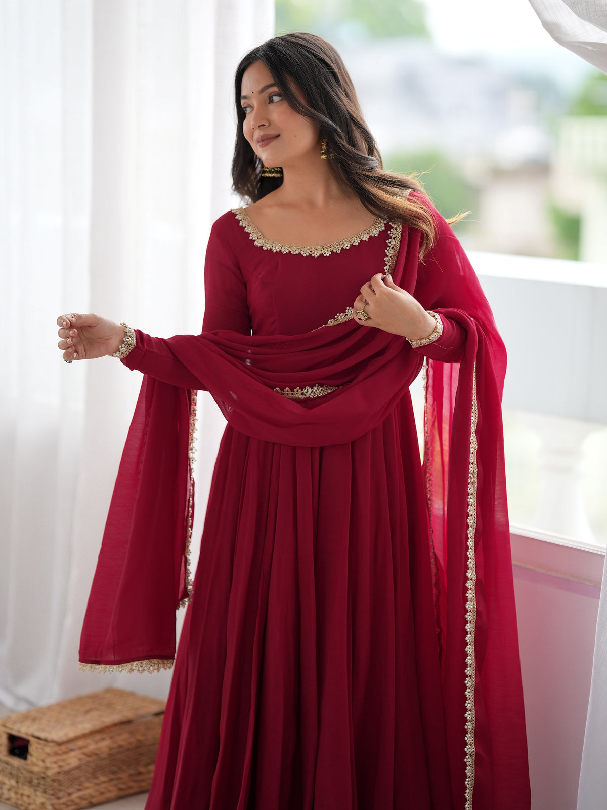 Dazzling Maroon Mirror Laced Chanderi Function Wear Anarkali Gown