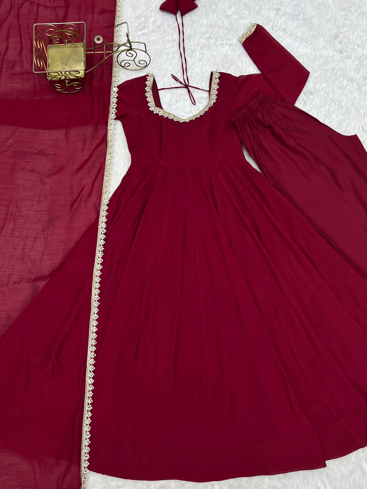 Dazzling Maroon Mirror Laced Chanderi Function Wear Anarkali Gown