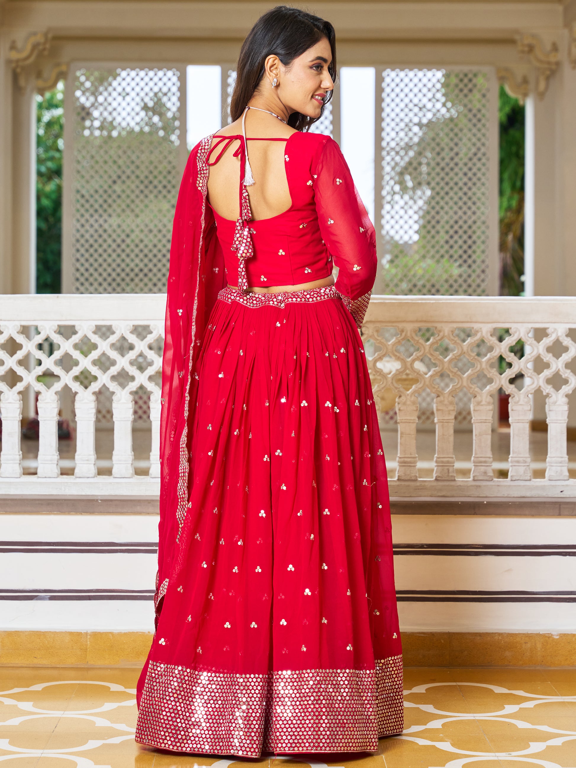 Tantalizing Red Sequins Georgette Wedding Lehenga Choli