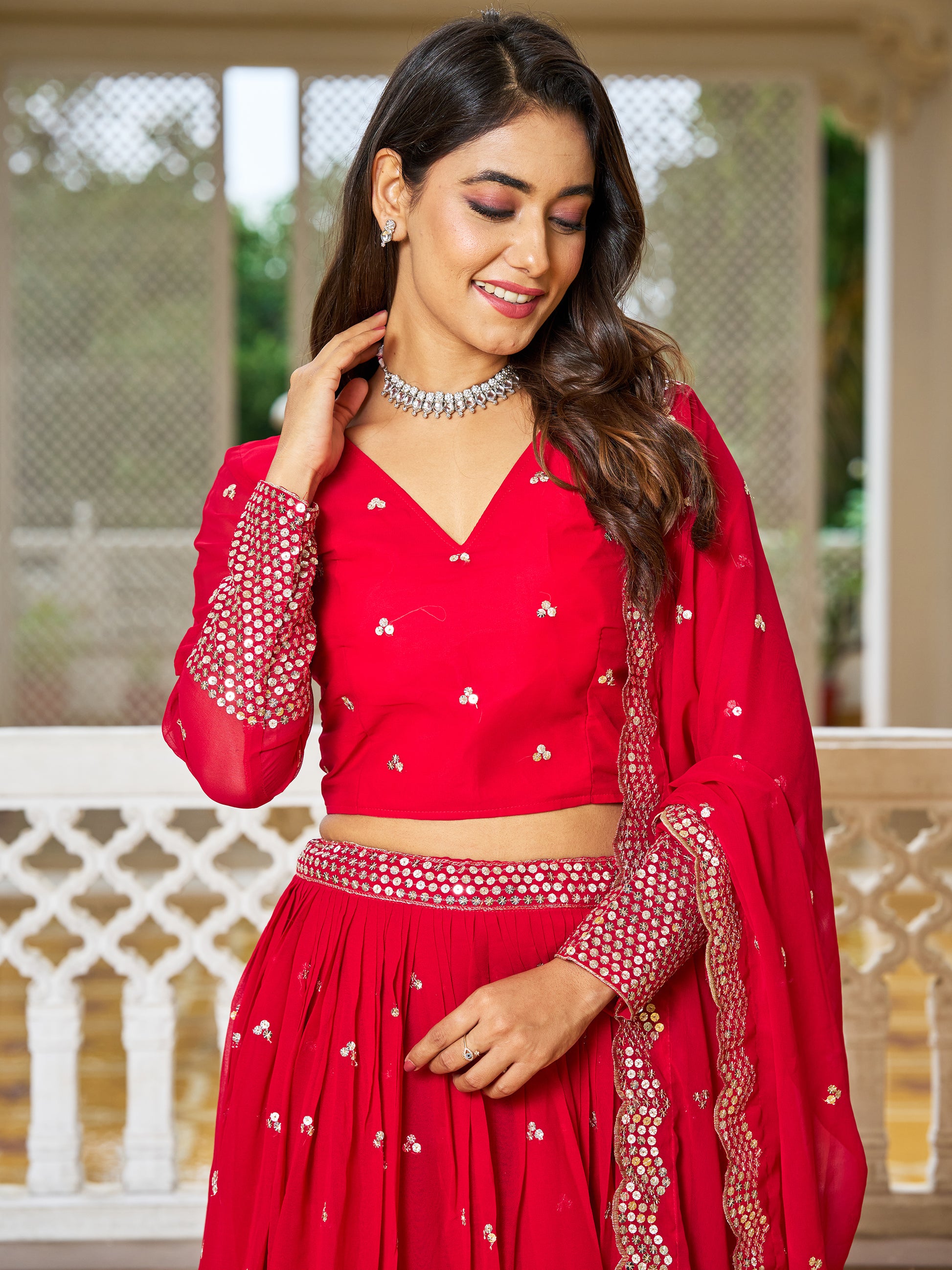 Tantalizing Red Sequins Georgette Wedding Lehenga Choli