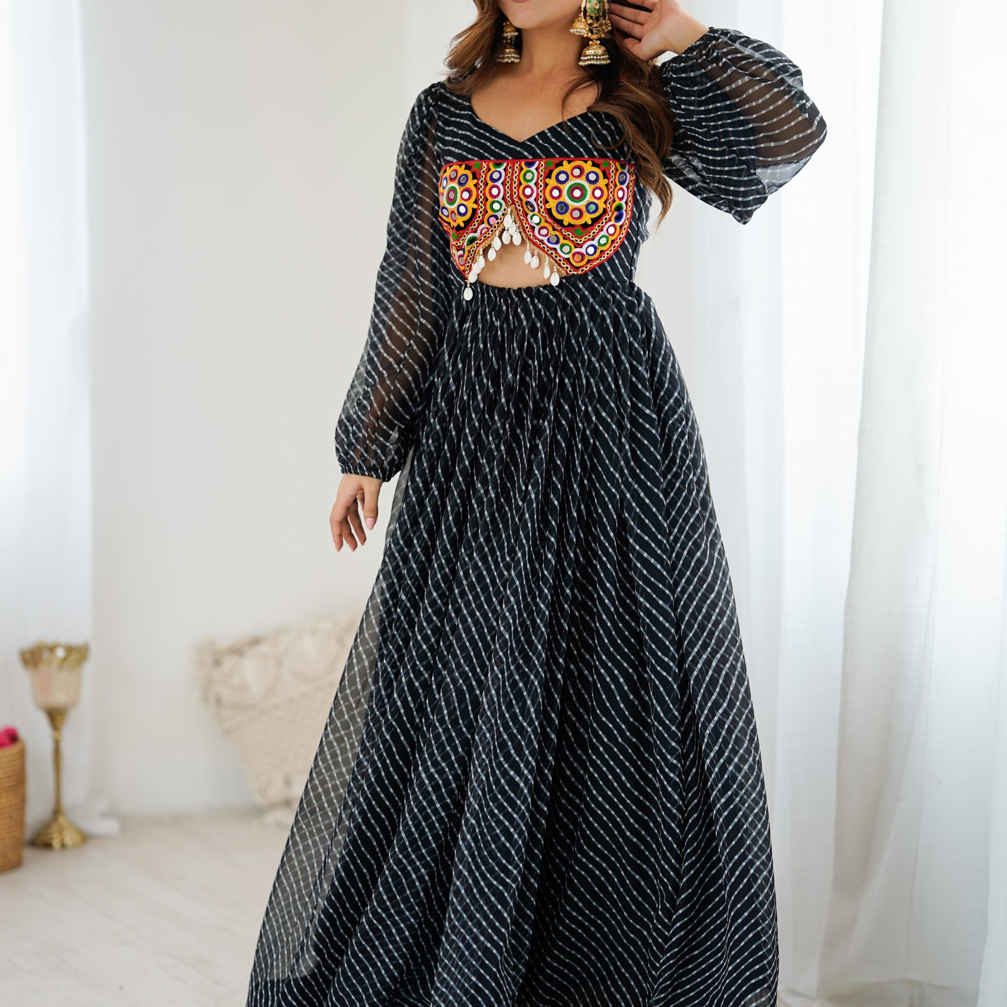 Marvelous Black Laheriya Printed Georgette Navratri Wear Gown