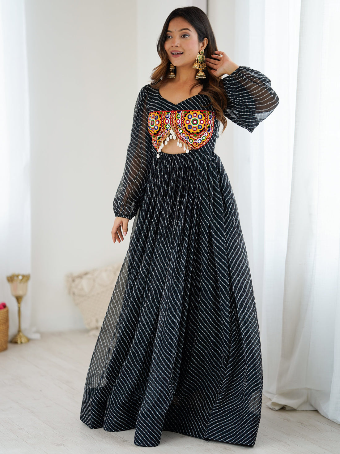 Marvelous Black Laheriya Printed Georgette Navratri Wear Gown