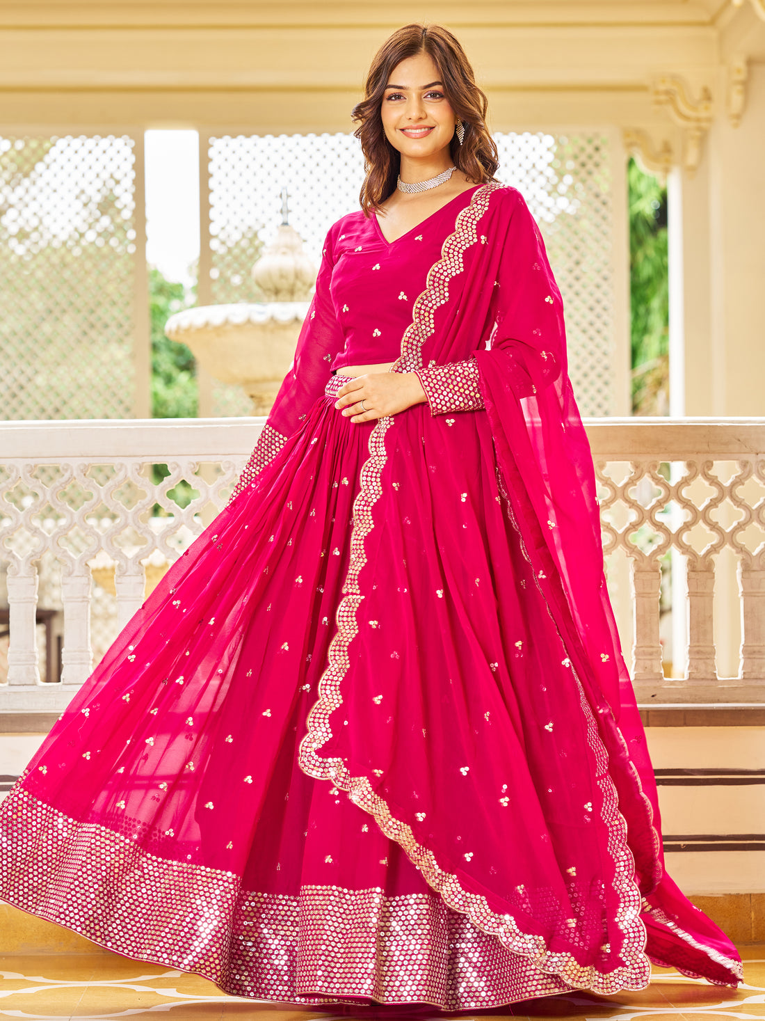 Alluring Pink Sequins Georgette Engagement Wear Lehenga Choli