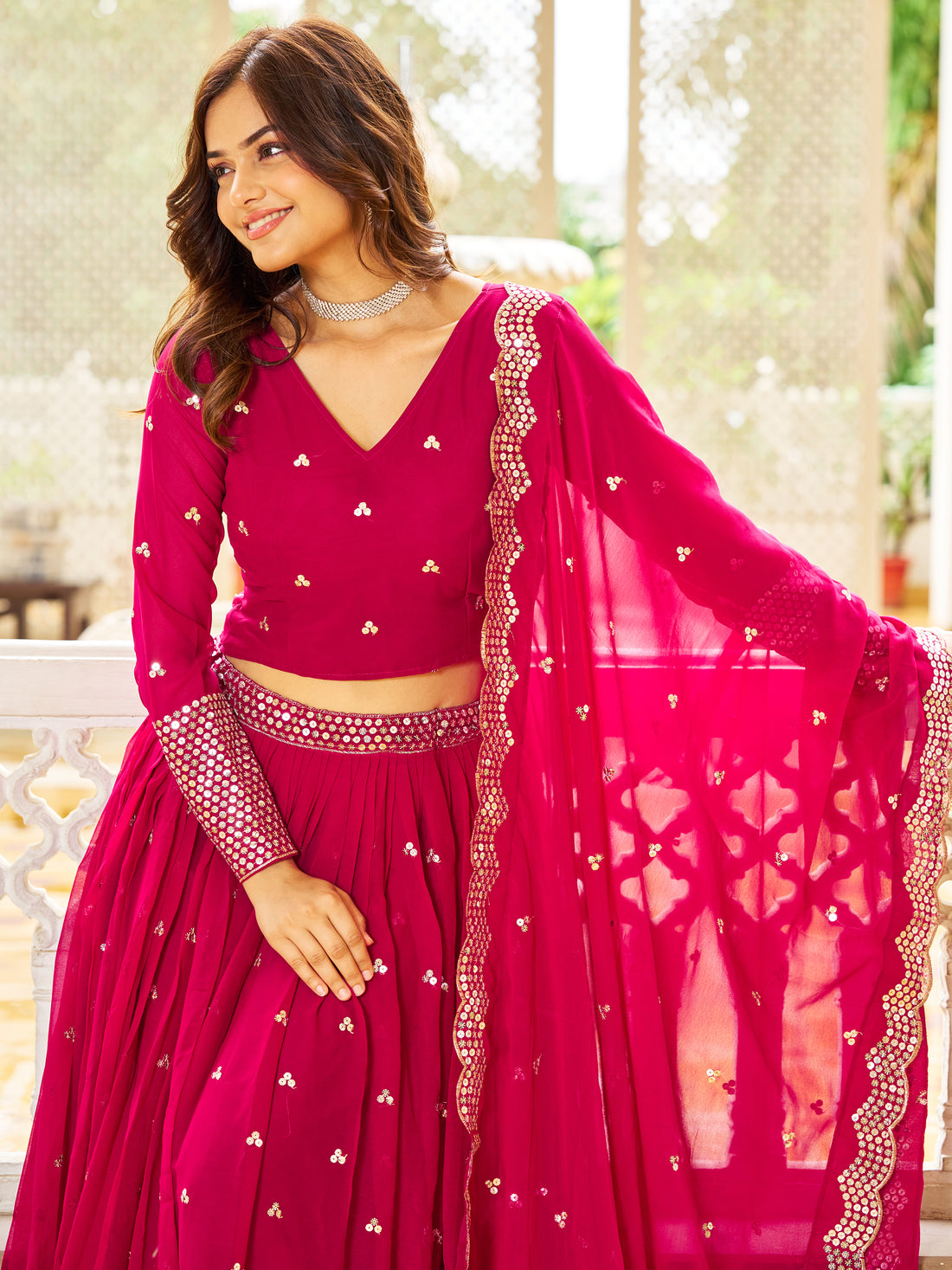 Alluring Pink Sequins Georgette Engagement Wear Lehenga Choli