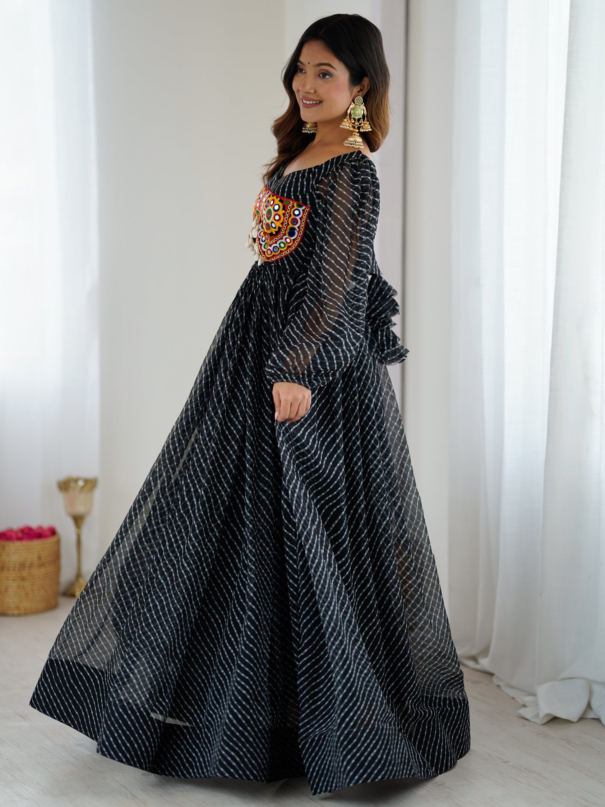 Marvelous Black Laheriya Printed Georgette Navratri Wear Gown