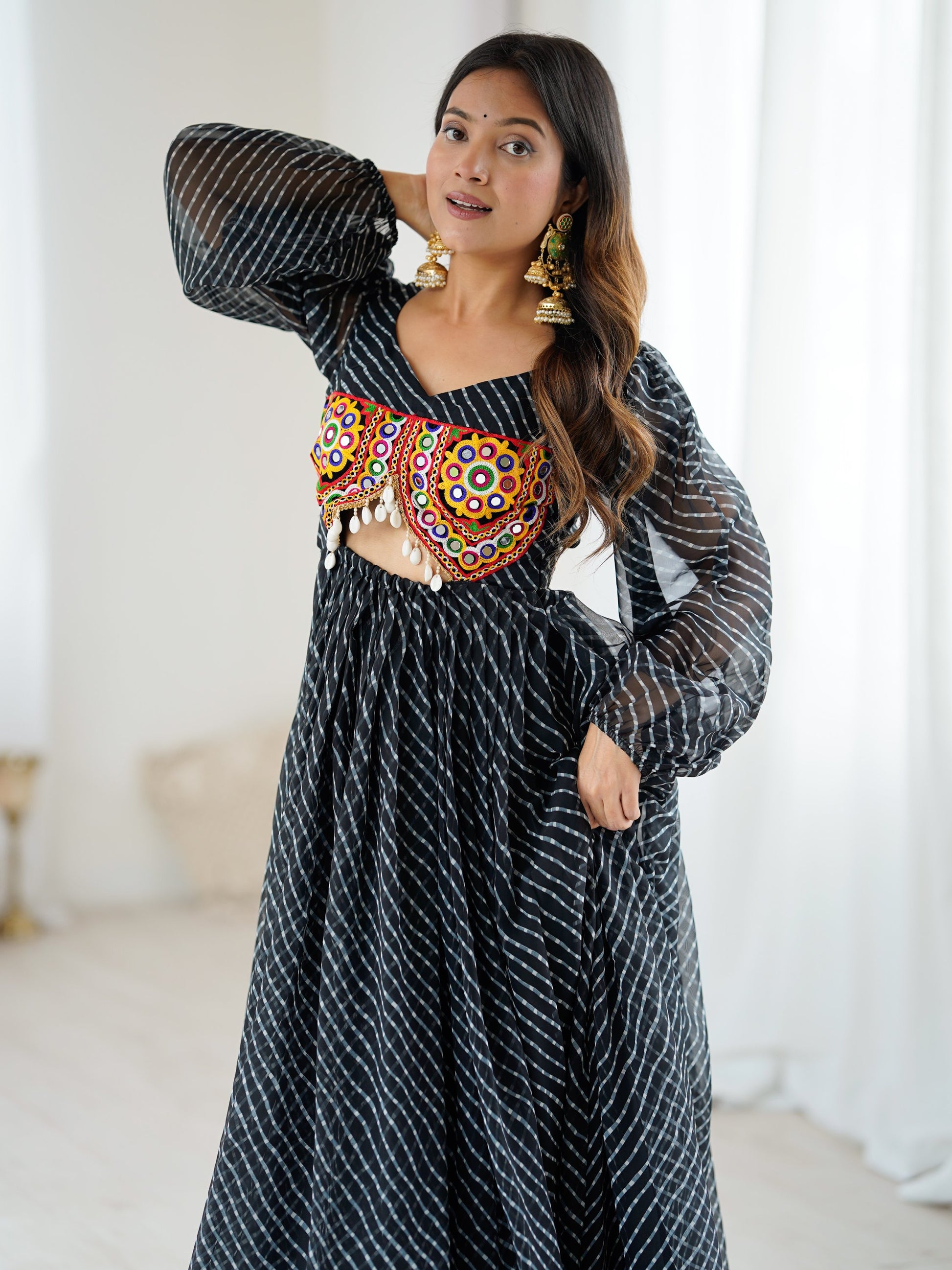 Marvelous Black Laheriya Printed Georgette Navratri Wear Gown