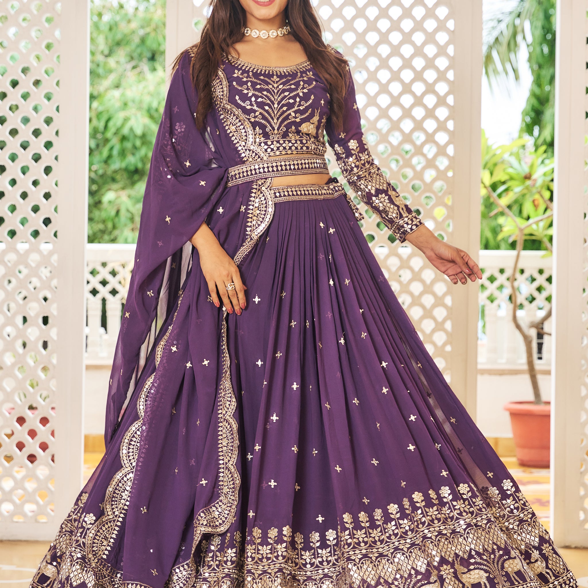 Awesome  Purple Sequins Work Georgette Bridesmaid Lehenga Choli With Dupatta