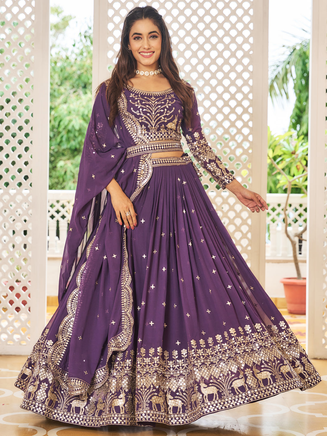 Awesome  Purple Sequins Work Georgette Bridesmaid Lehenga Choli With Dupatta