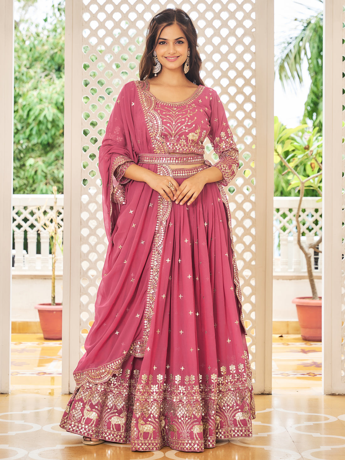 Lovely Rose Pink Sequins Work Georgette Wedding Wear Lehenga Choli With Dupatta