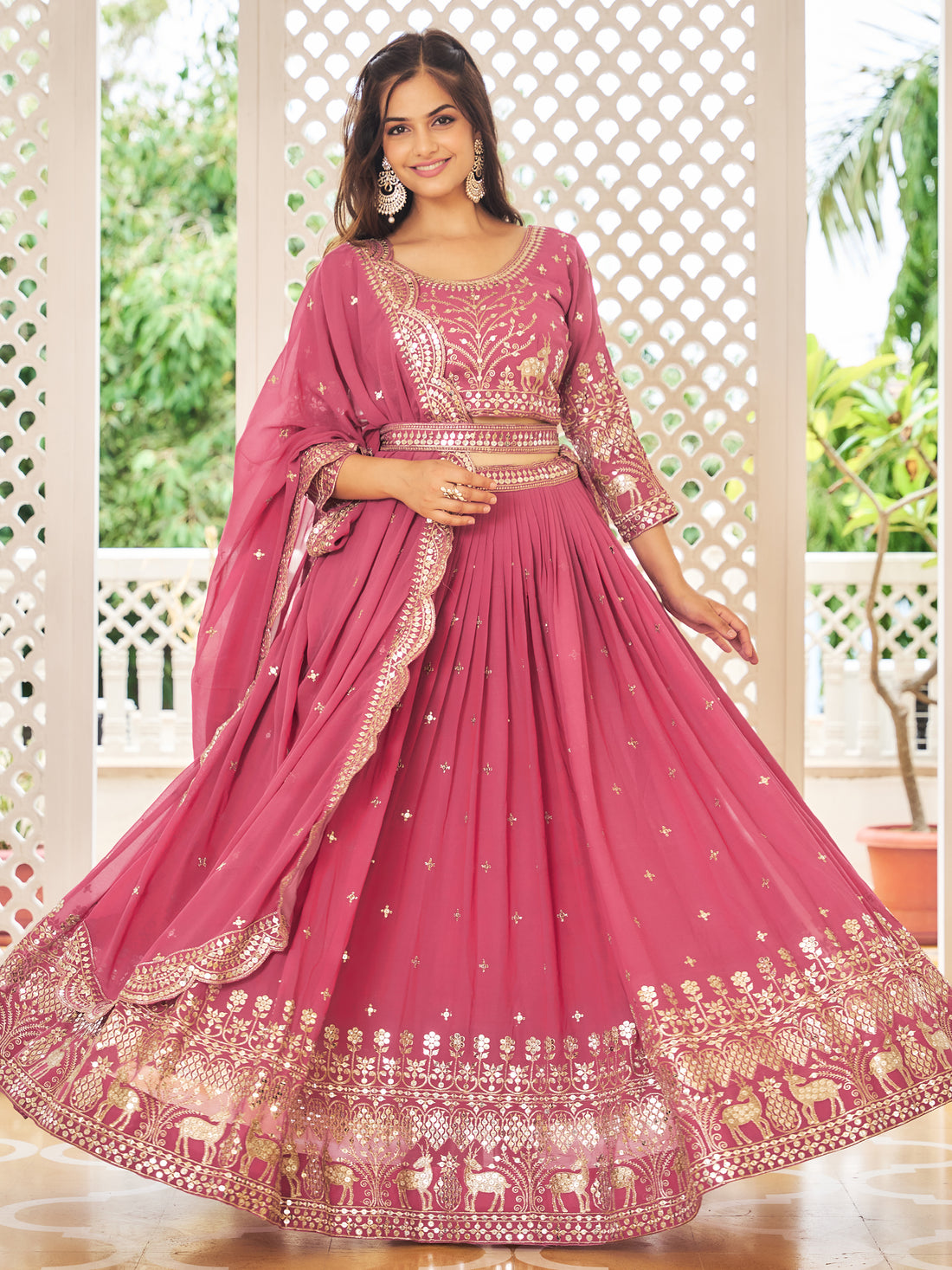 Lovely Rose Pink Sequins Work Georgette Wedding Wear Lehenga Choli With Dupatta