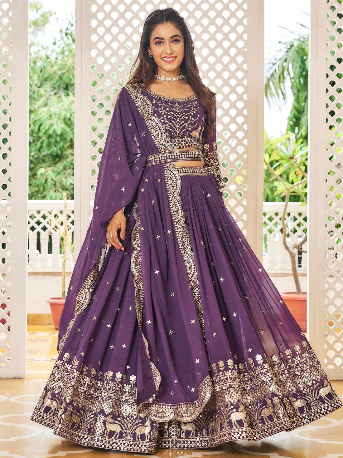 Awesome  Purple Sequins Work Georgette Bridesmaid Lehenga Choli With Dupatta