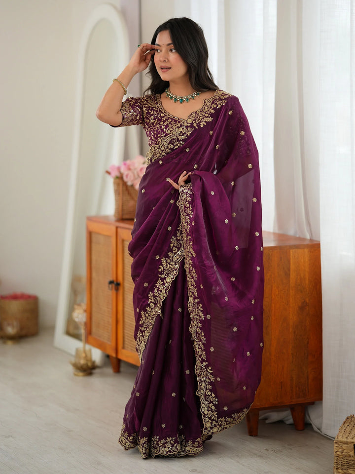 Enchanting Wine Sequins Work Silk Festival Wear Saree With Blouse
