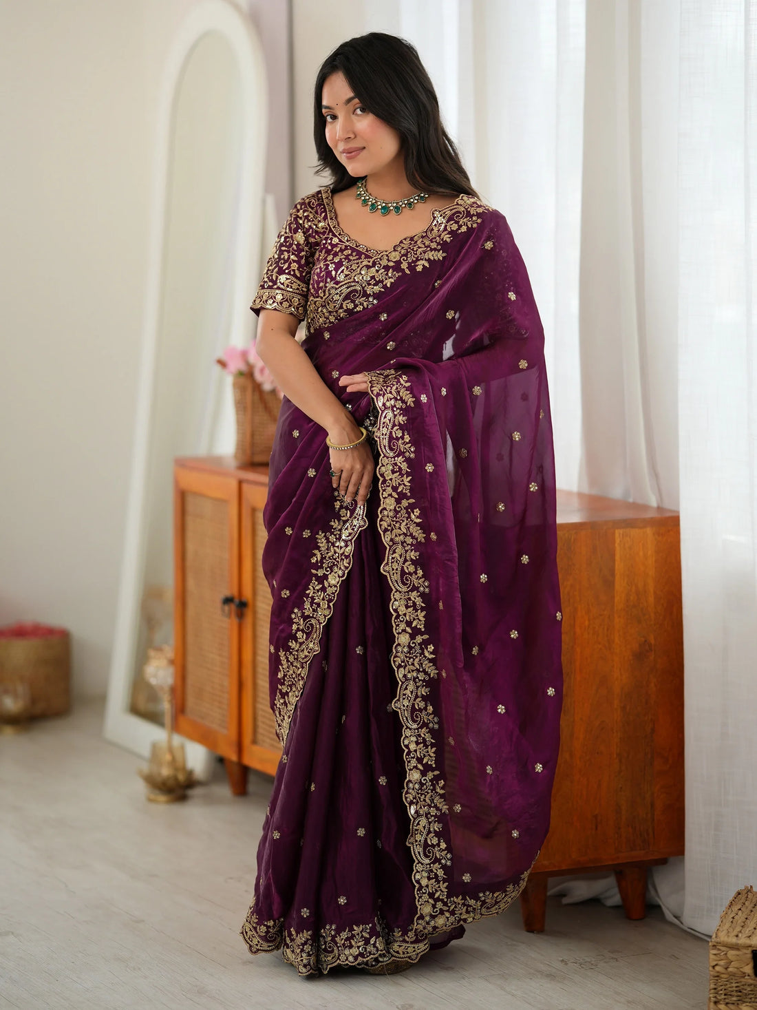 Enchanting Wine Sequins Work Silk Festival Wear Saree With Blouse