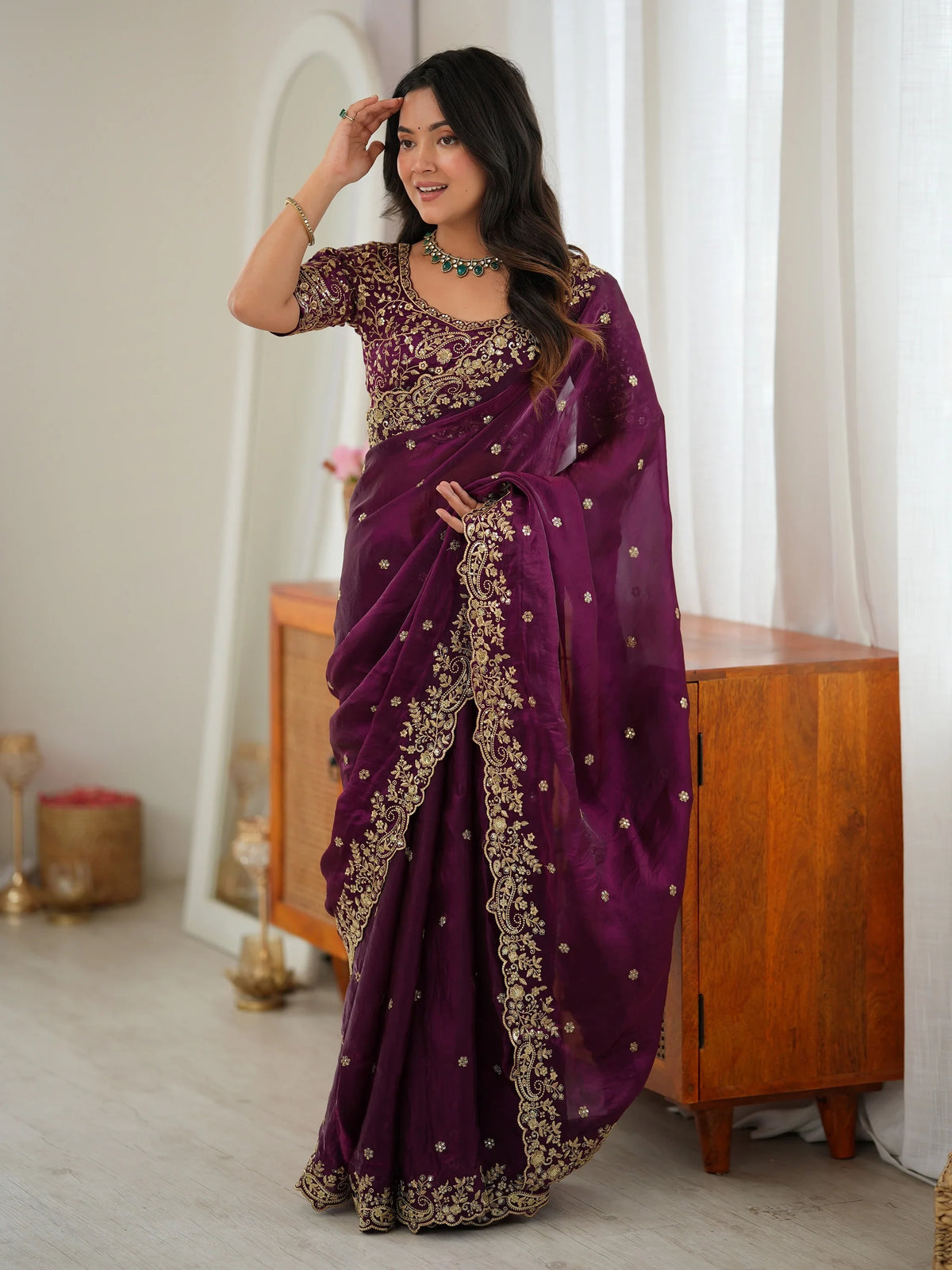 Enchanting Wine Sequins Work Silk Festival Wear Saree With Blouse