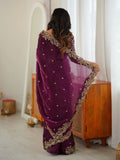 Enchanting Wine Sequins Work Silk Festival Wear Saree With Blouse