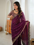 Enchanting Wine Sequins Work Silk Festival Wear Saree With Blouse