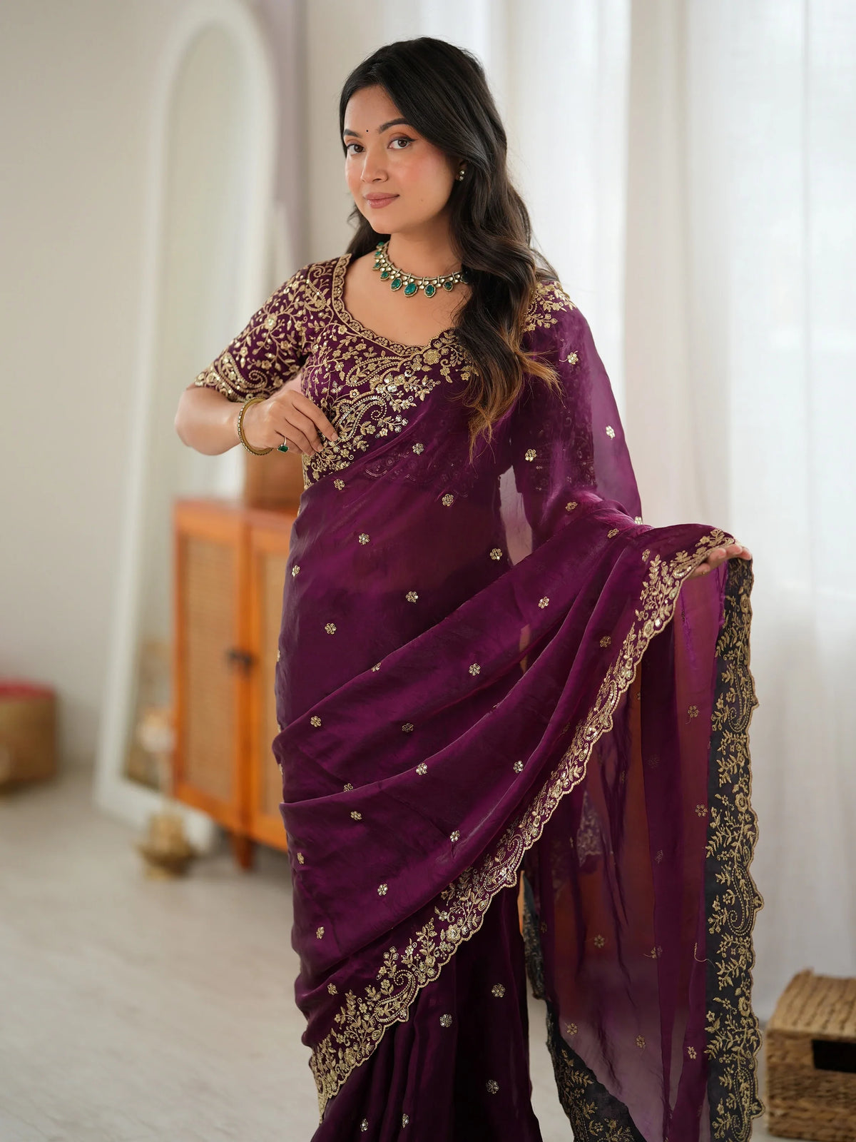 Enchanting Wine Sequins Work Silk Festival Wear Saree With Blouse