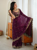 Enchanting Wine Sequins Work Silk Festival Wear Saree With Blouse