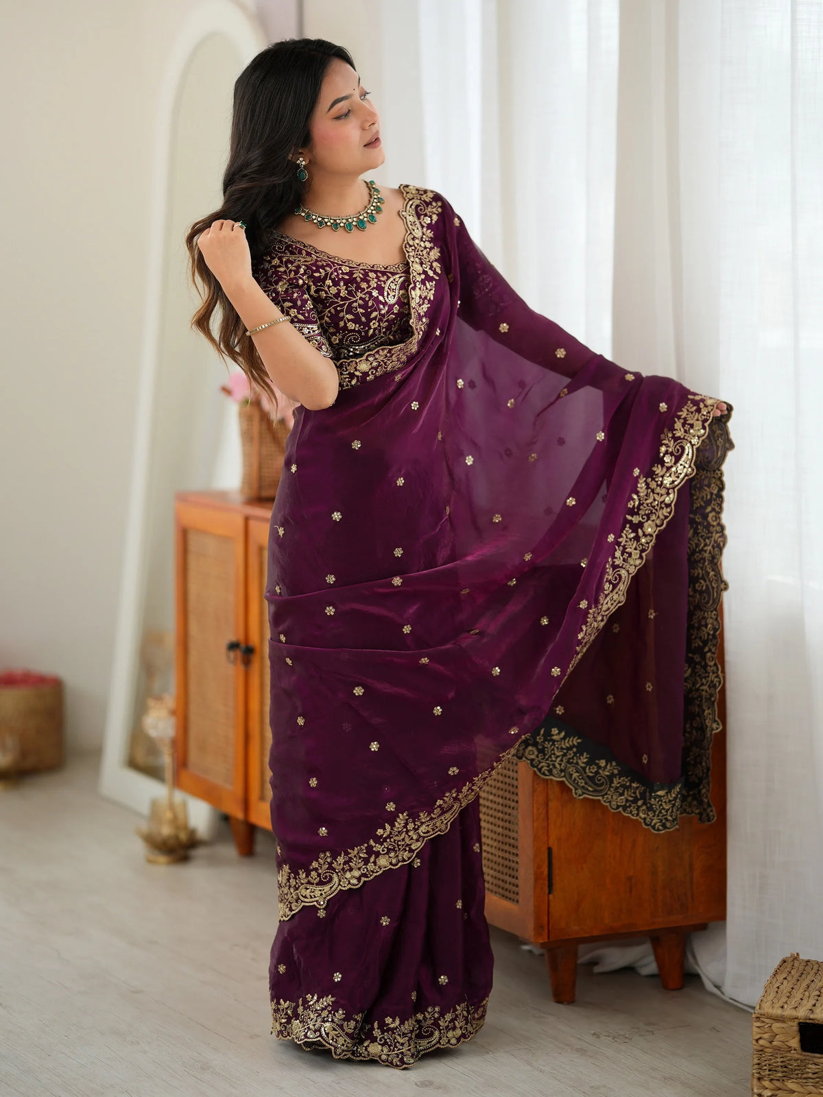 Enchanting Wine Sequins Work Silk Festival Wear Saree With Blouse