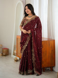 Graceful Maroon Embroidered Silk Wedding Wear Saree