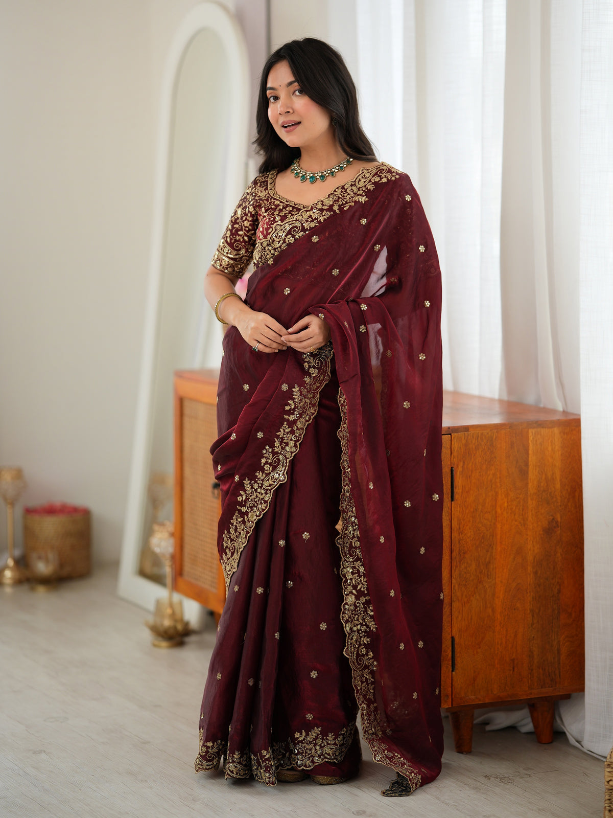 Graceful Maroon Embroidered Silk Wedding Wear Saree