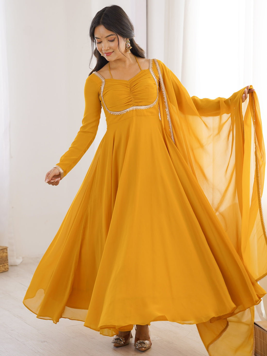 Fantastic Yellow Lace Work Georgette Haldi Wear Gown With Dupatta