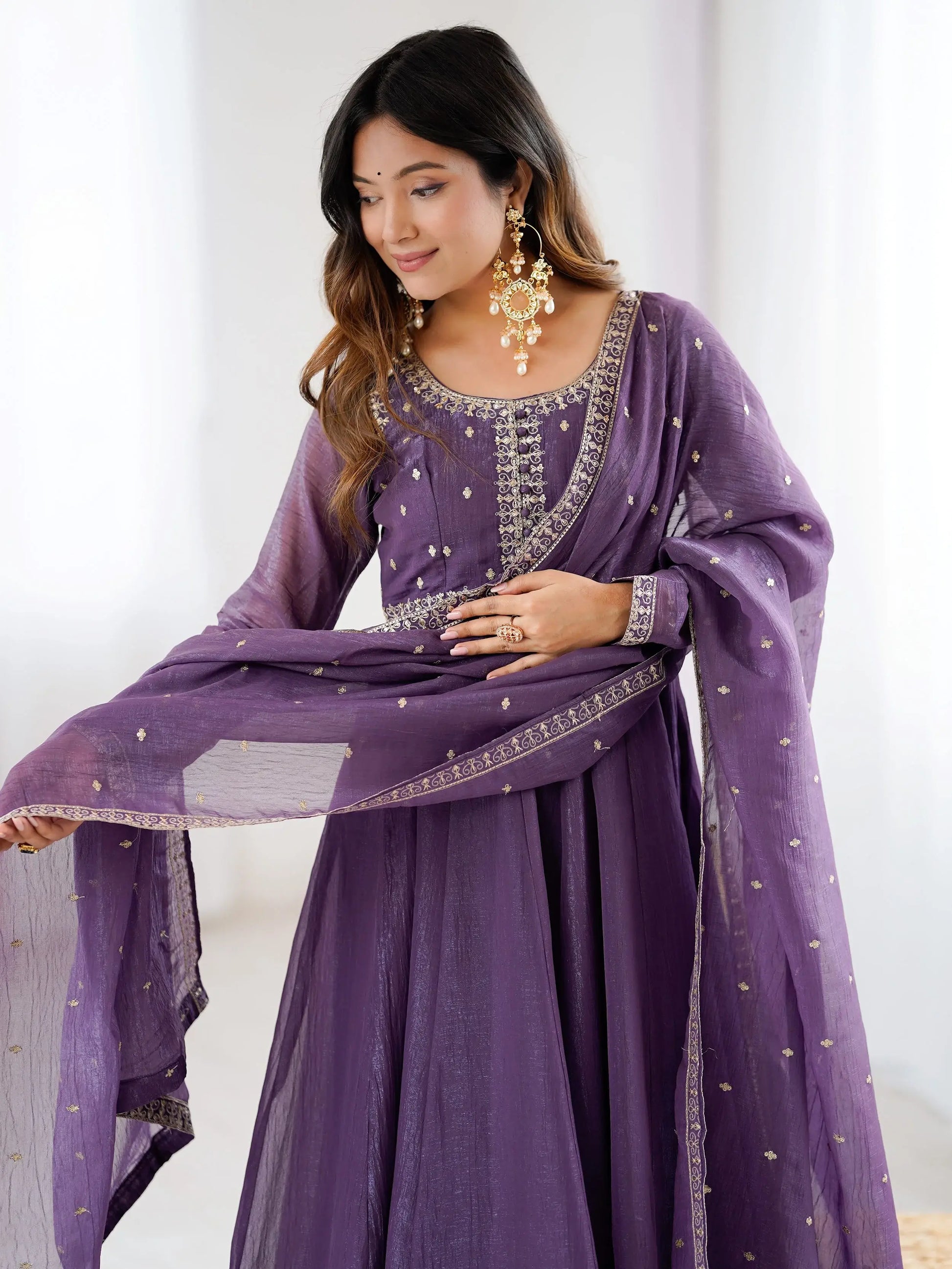Gorgeous Purple Zari Embroidery Chanderi Event Wear Anarkali Gown With Dupatta