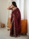 Graceful Maroon Embroidered Silk Wedding Wear Saree