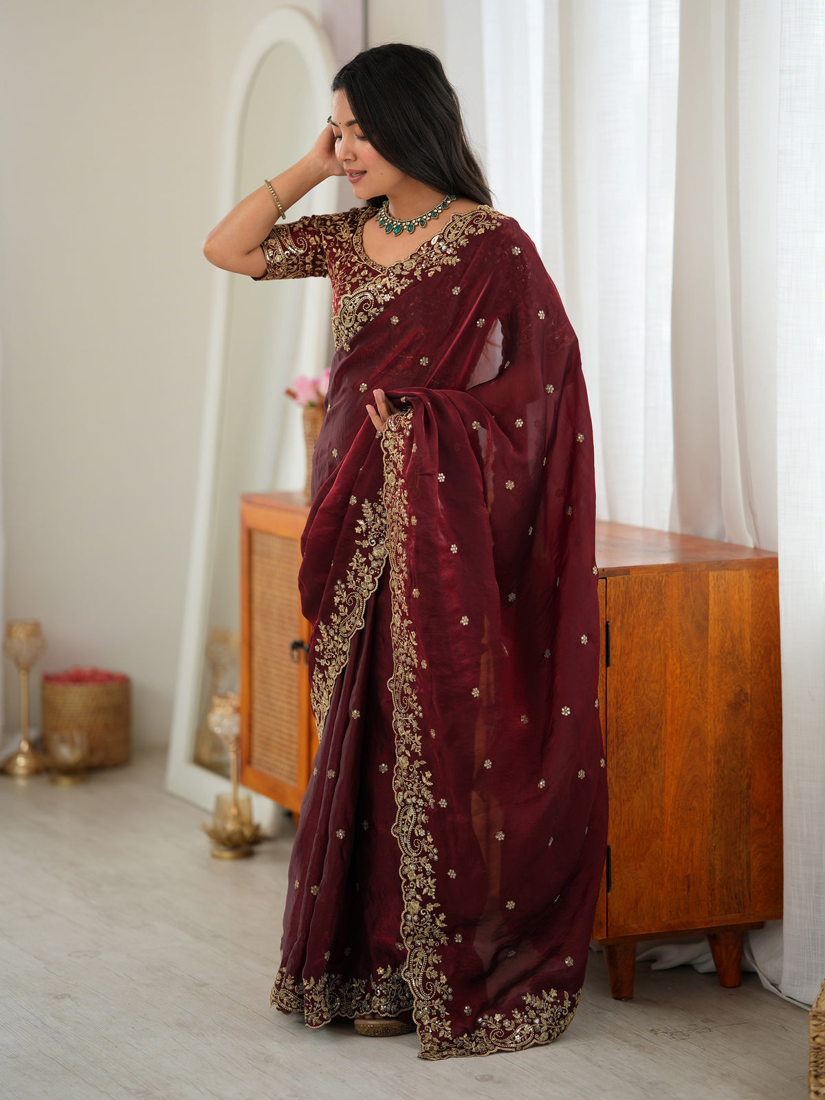 Graceful Maroon Embroidered Silk Wedding Wear Saree