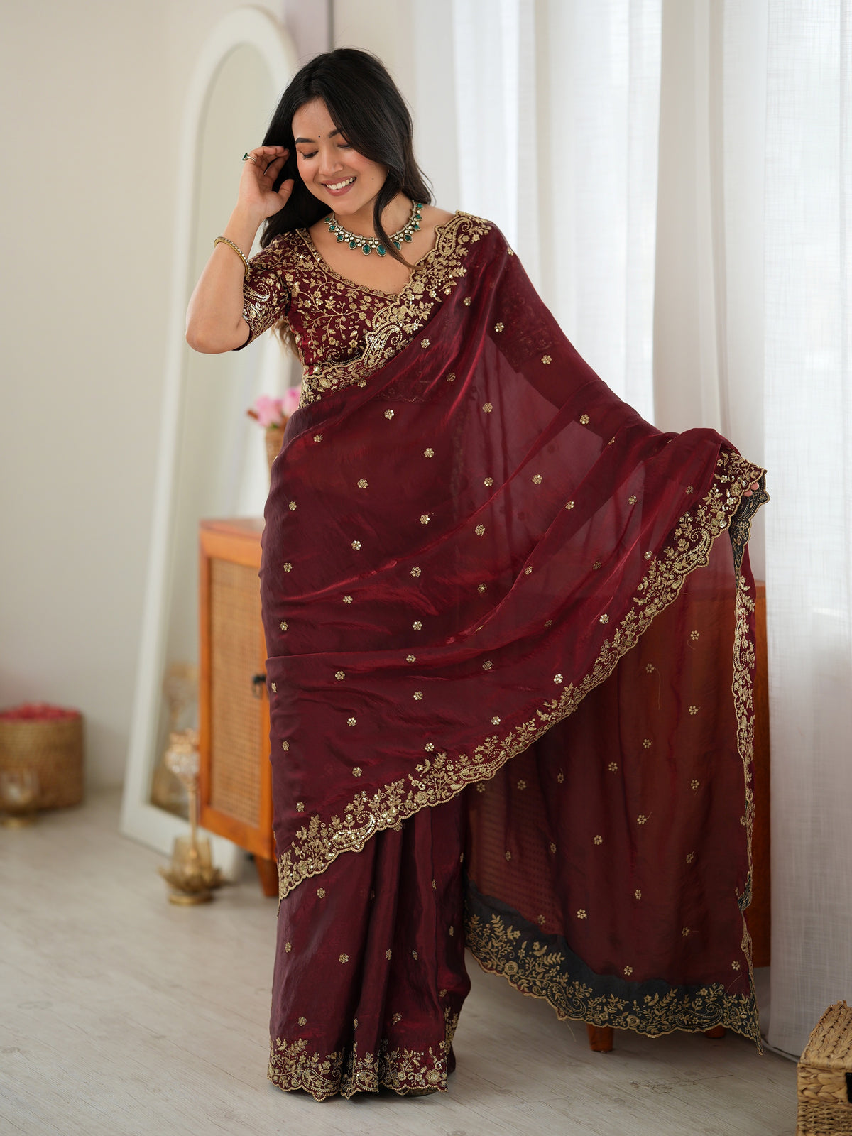 Graceful Maroon Embroidered Silk Wedding Wear Saree