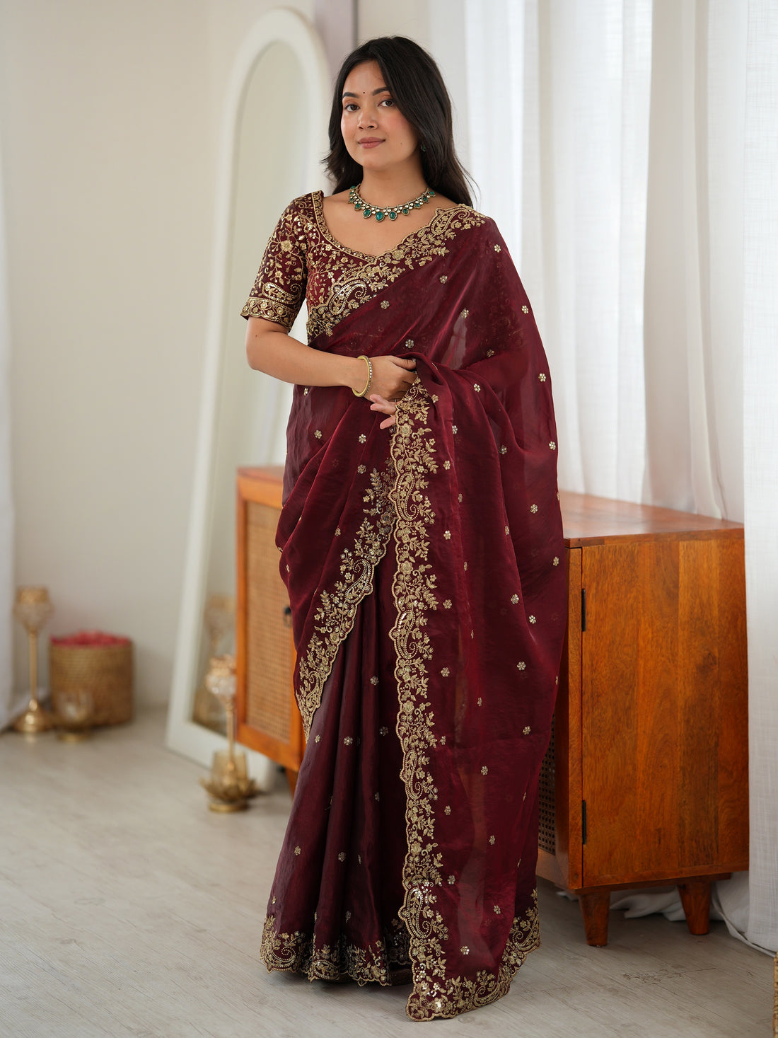 Graceful Maroon Embroidered Silk Wedding Wear Saree