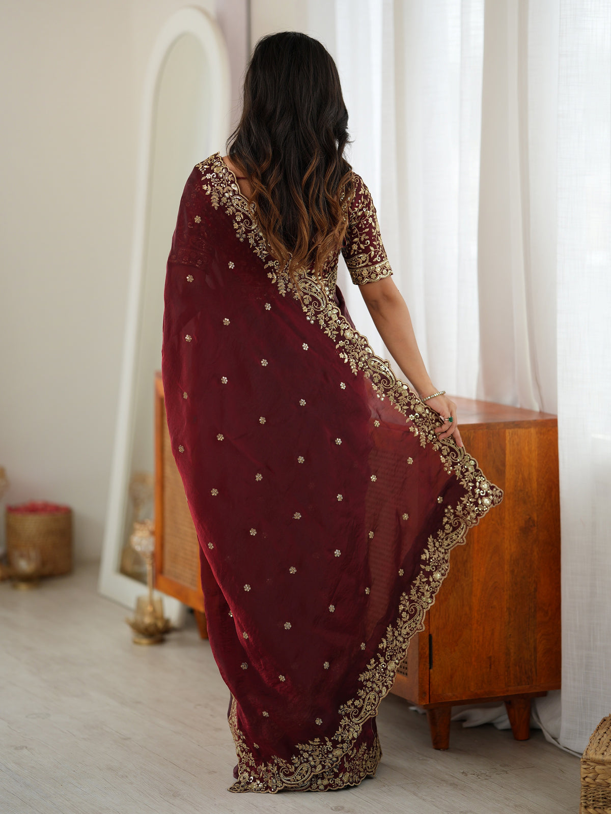 Graceful Maroon Embroidered Silk Wedding Wear Saree