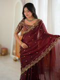 Graceful Maroon Embroidered Silk Wedding Wear Saree