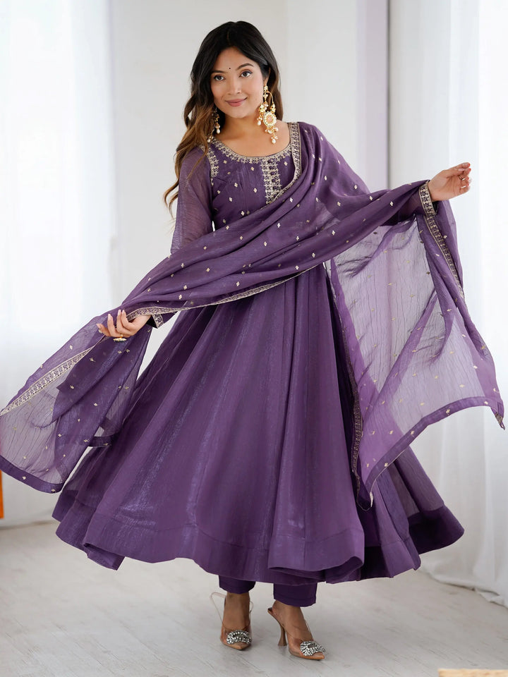 Gorgeous Purple Zari Embroidery Chanderi Event Wear Anarkali Gown With Dupatta