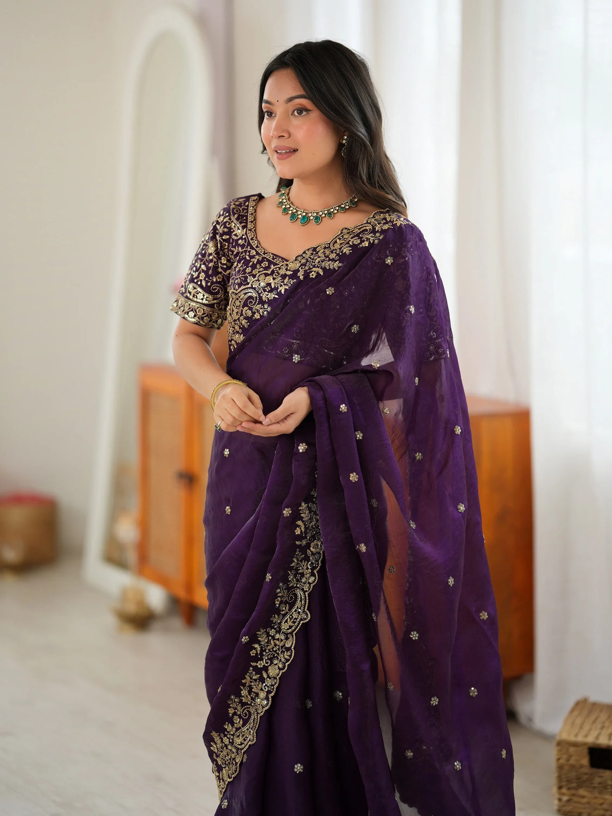 Premium Purple Embroidered Silk Marriage Wear Saree